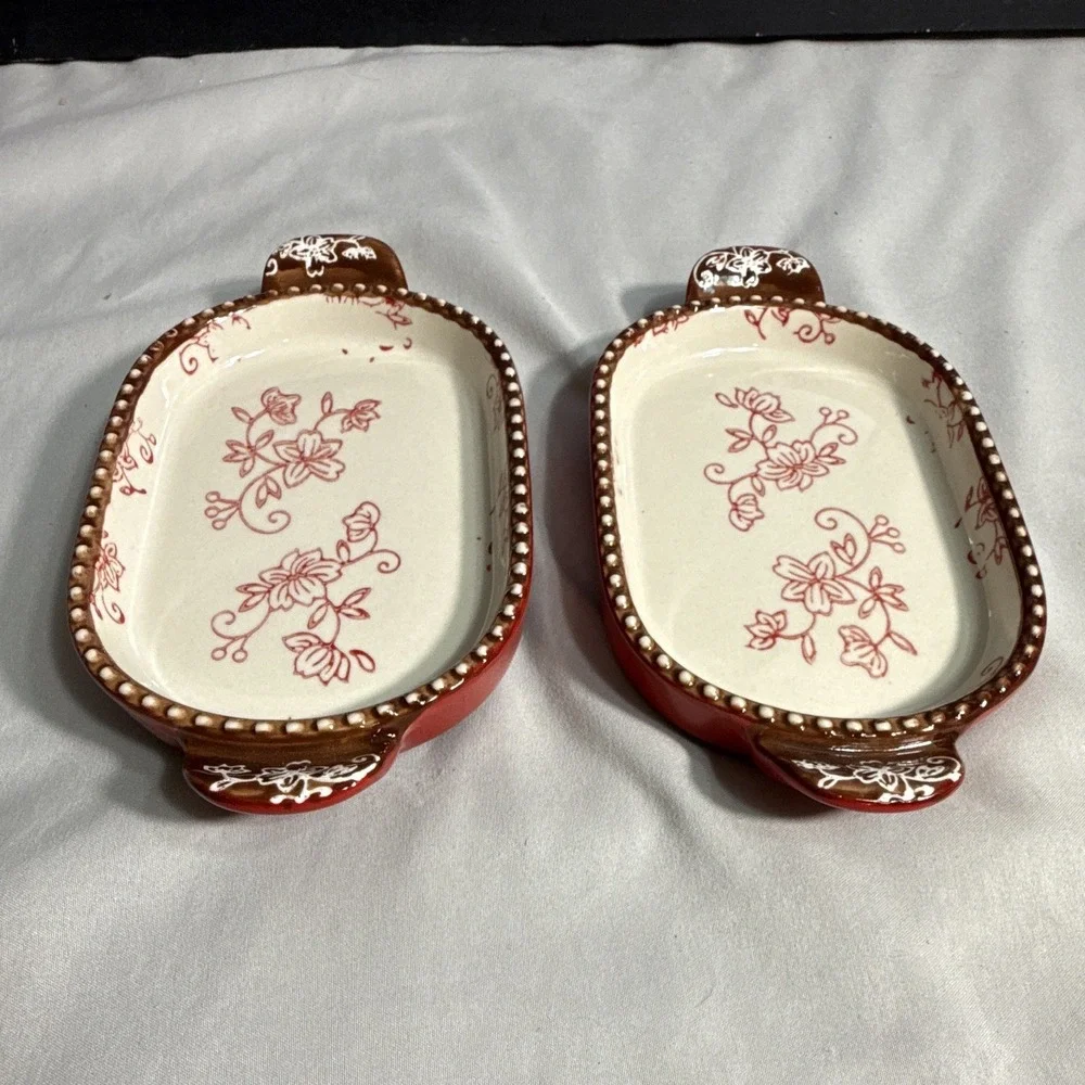 Temptations Floral Lace Cranberry Red Oval Serving Platter Tray Lid-It Set of 2